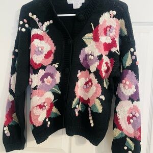 Elegant Floral Women's Cardigan - Black with Pink and Purple